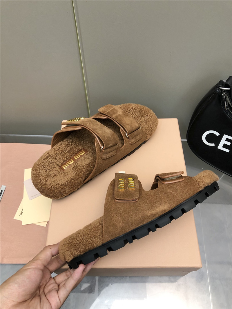Miu Miu Brown Suede Shearling Slide Sandals