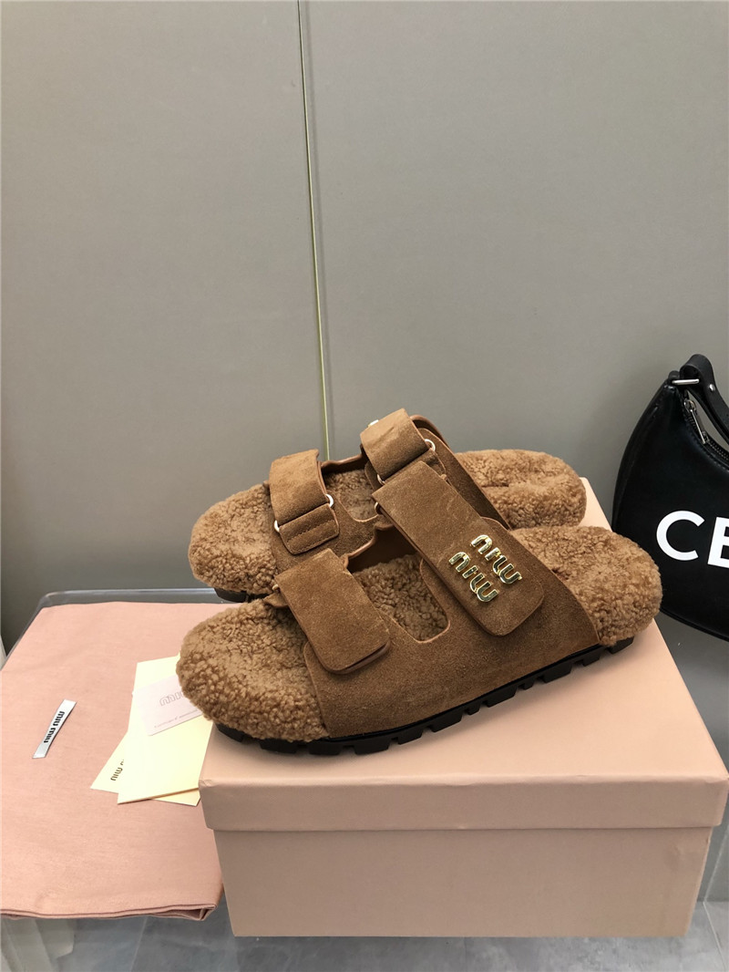 Miu Miu Brown Suede Shearling Slide Sandals