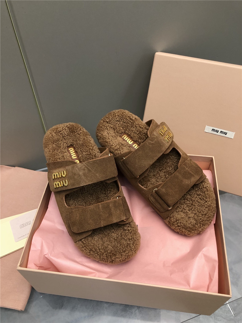 Miu Miu Brown Suede Shearling Slide Sandals