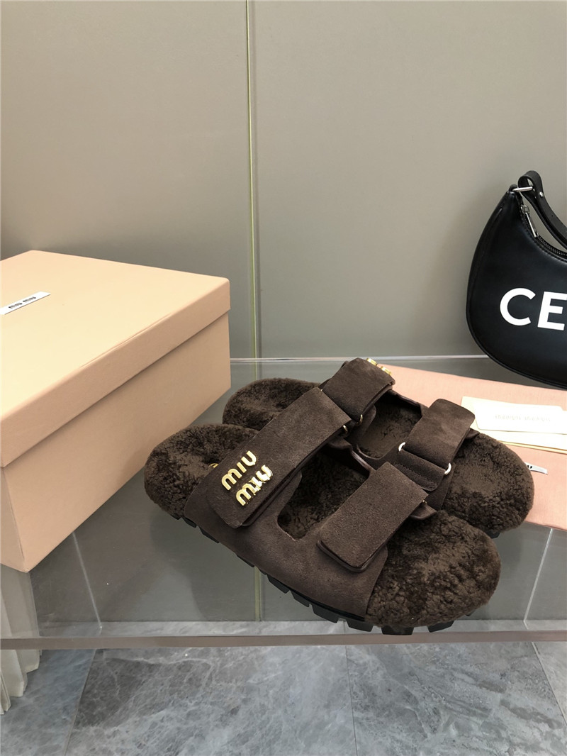 Miu Miu Dark Brown Suede Shearling Slide Sandals