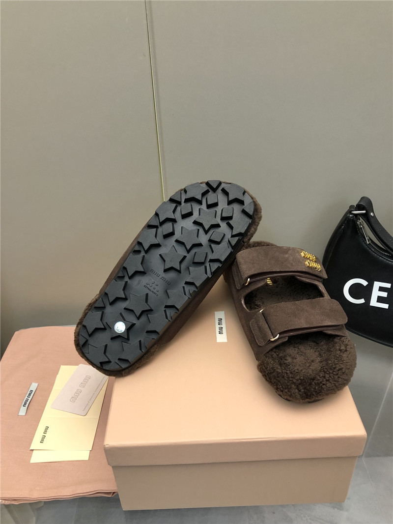 Miu Miu Dark Brown Suede Shearling Slide Sandals