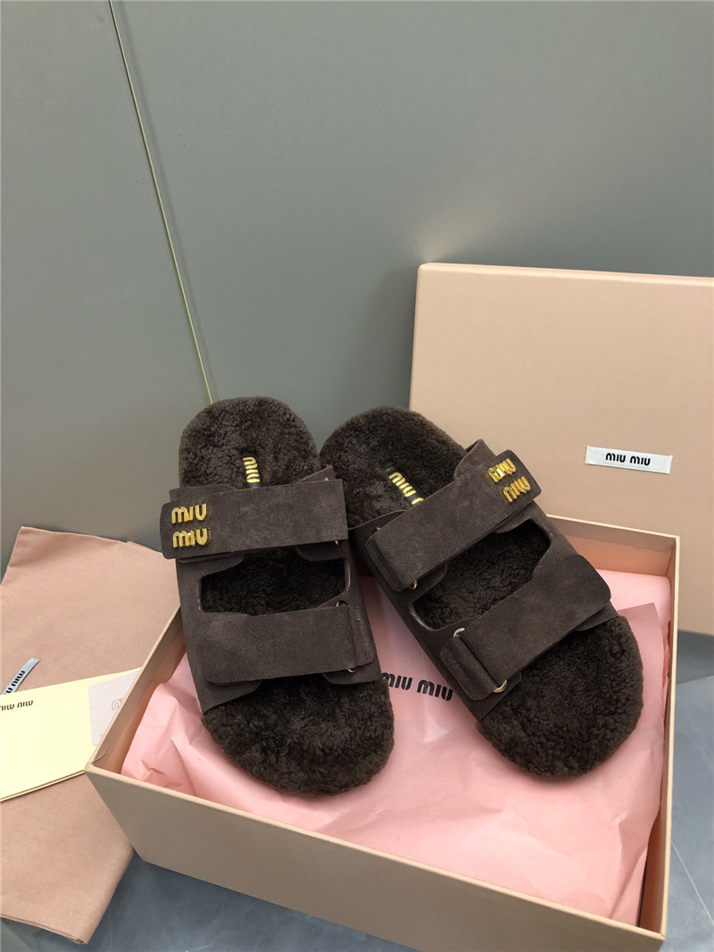 Miu Miu Dark Brown Suede Shearling Slide Sandals