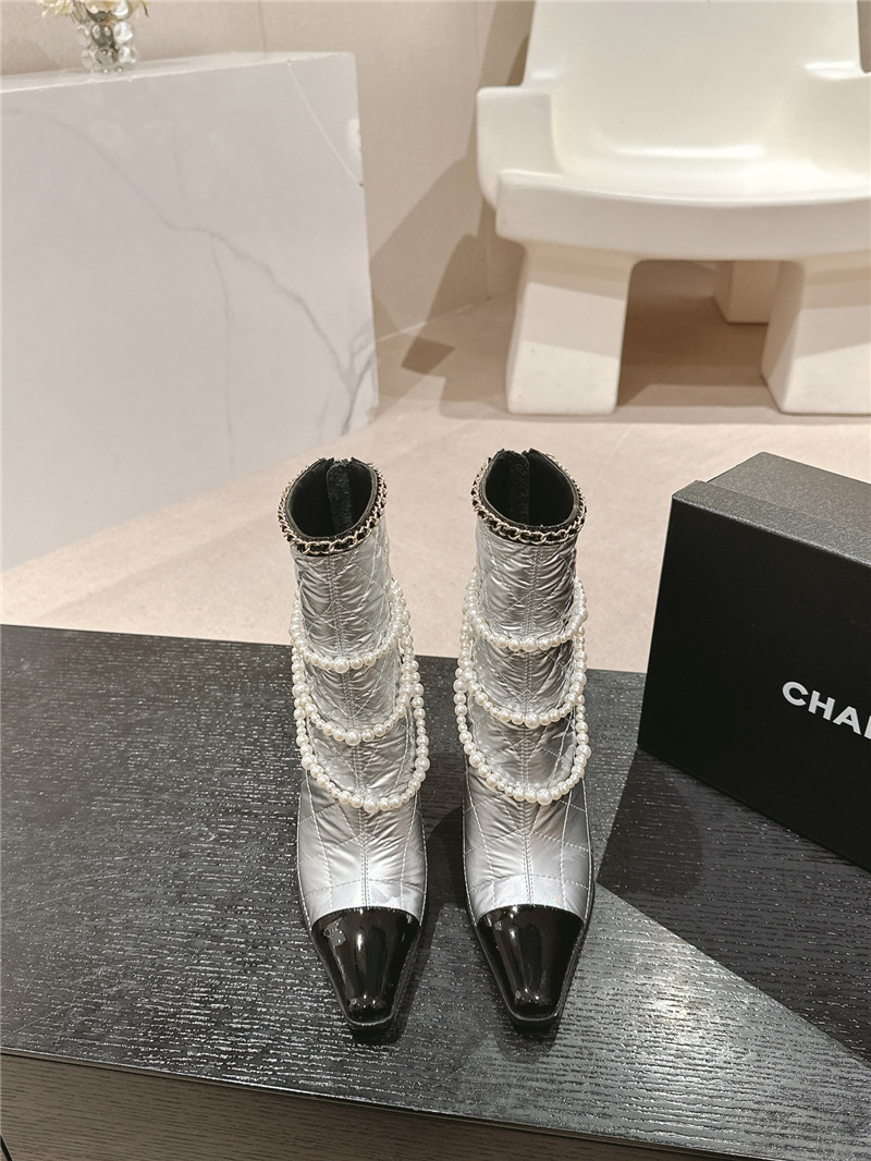 Ch**el silver leather pearl ankle boots