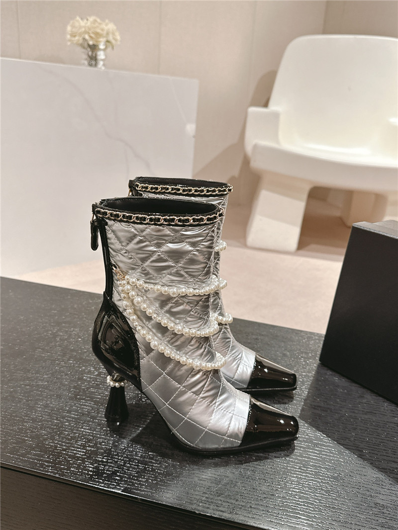Ch**el silver leather pearl ankle boots