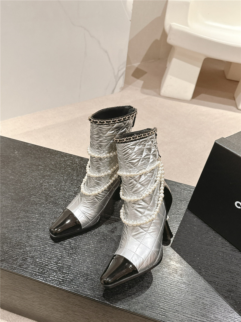 Ch**el silver leather pearl ankle boots