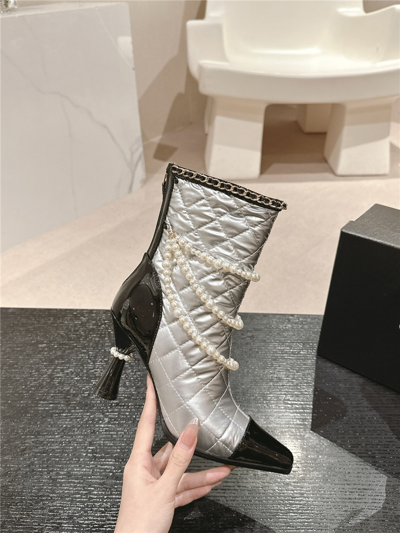 Ch**el silver leather pearl ankle boots