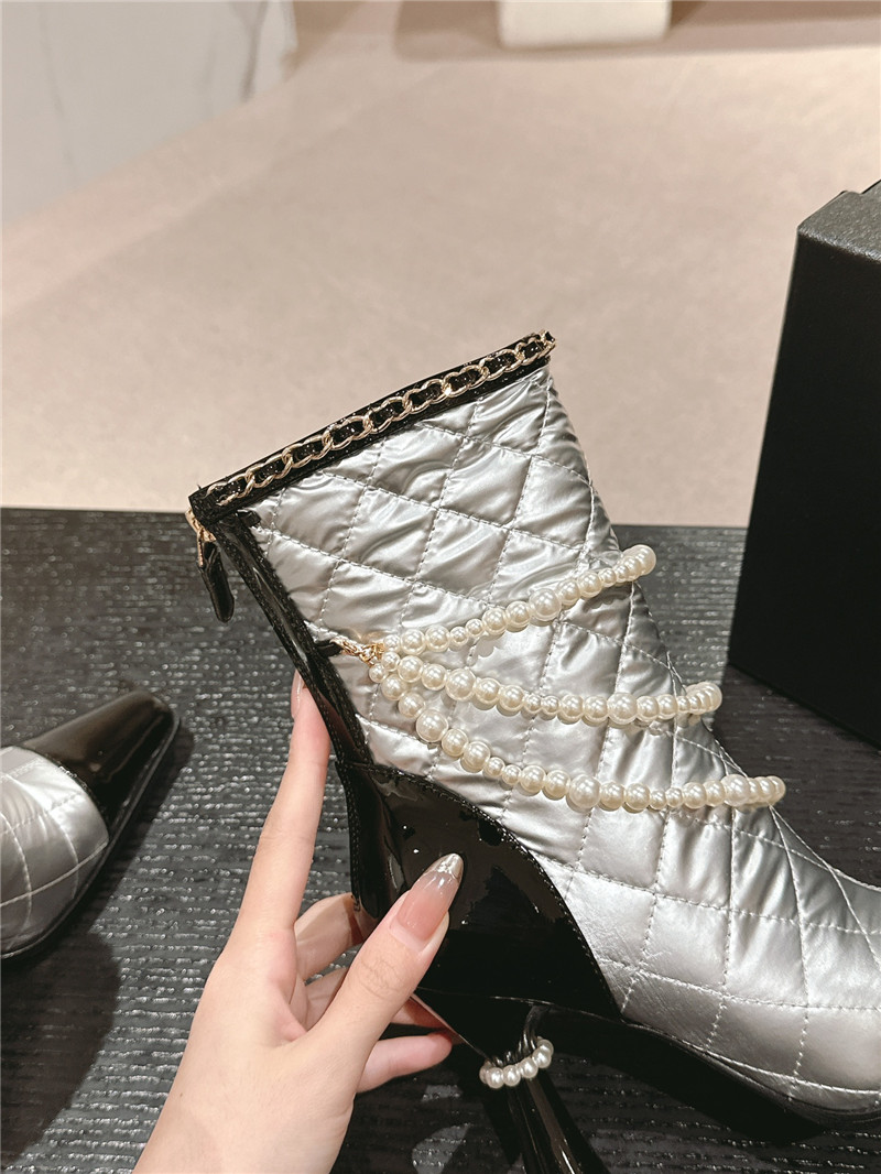 Ch**el silver leather pearl ankle boots