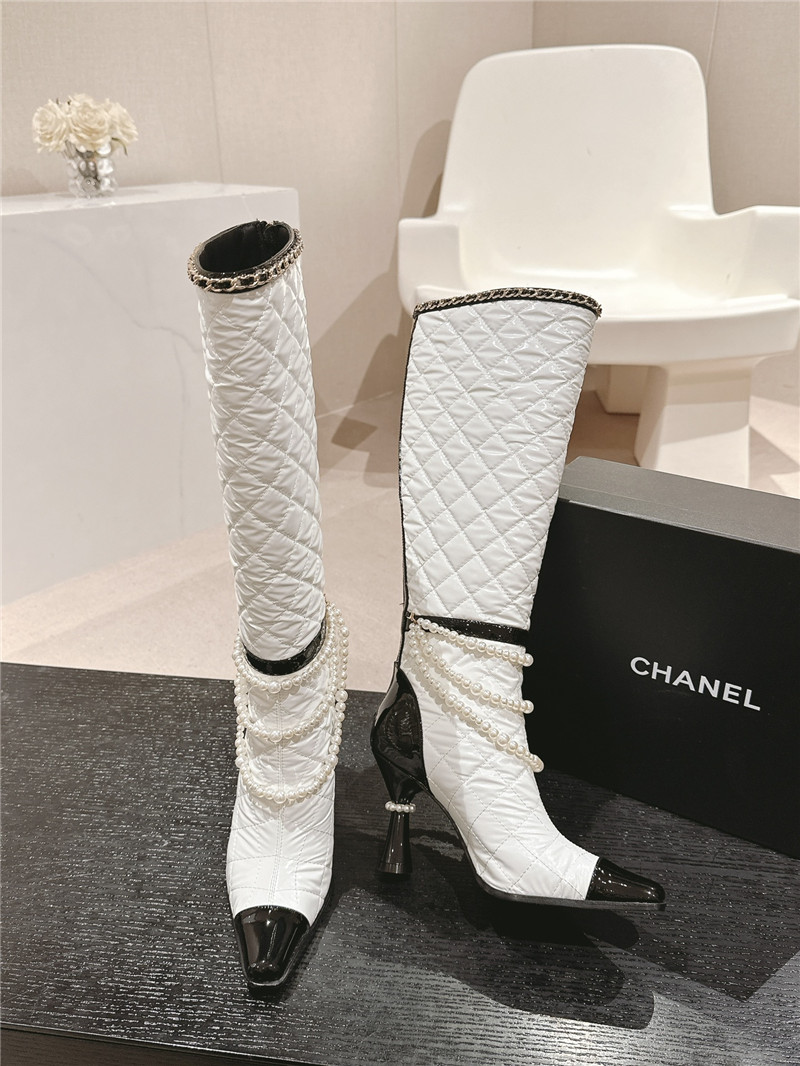 Ch**el white leather pearl high boots