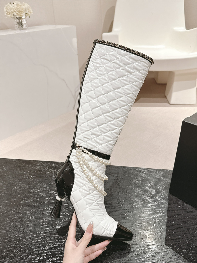 Ch**el white leather pearl high boots