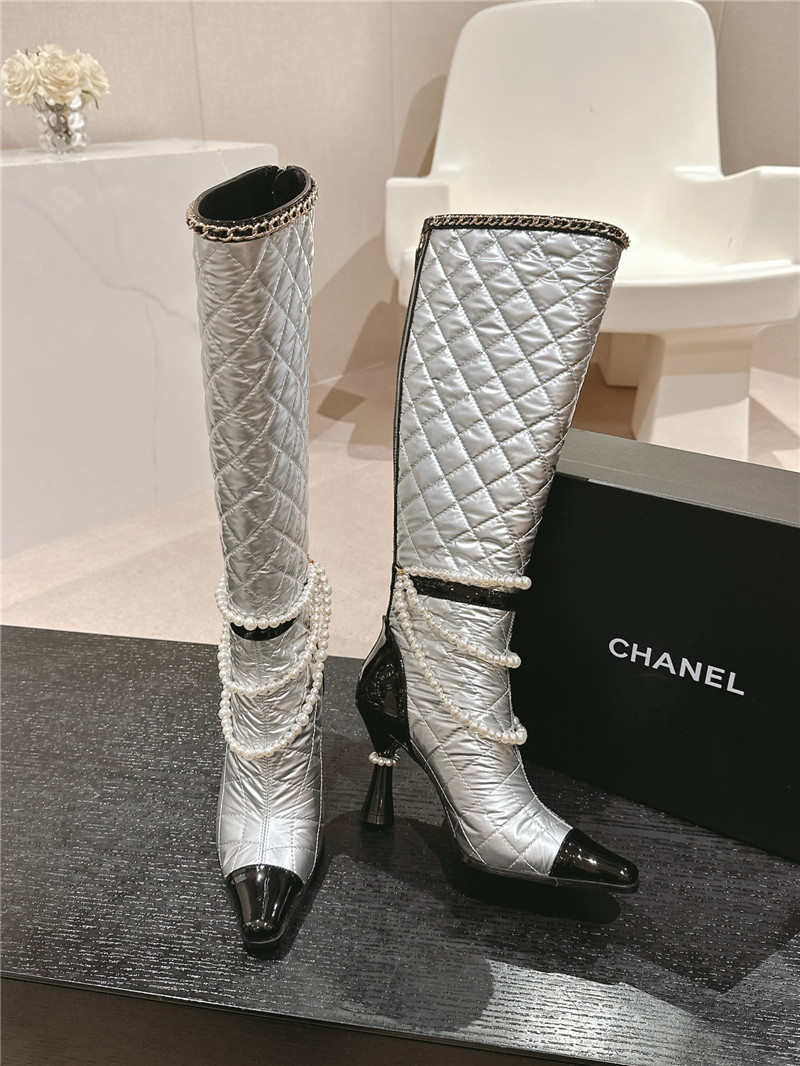 Ch**el silver leather pearl high boots