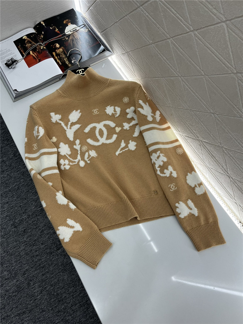 Ch**el floral turtleneck knit sweater beige