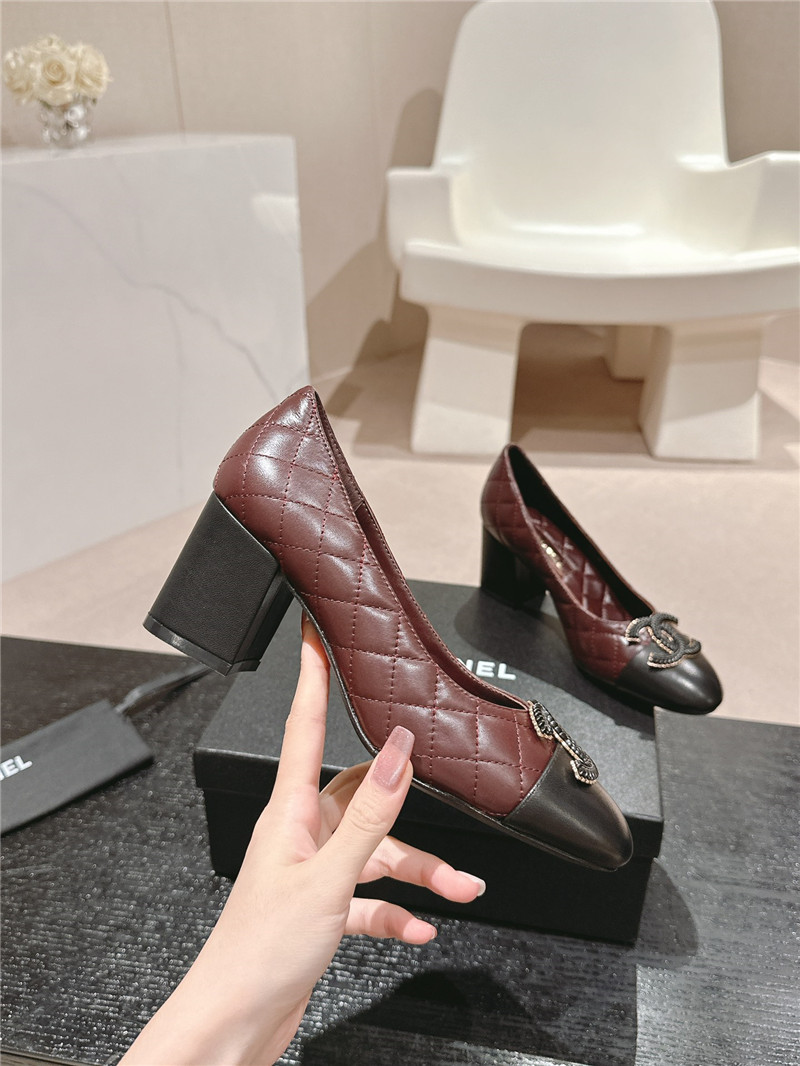Ch**el burgundy/black quilted leather cap toe pumps