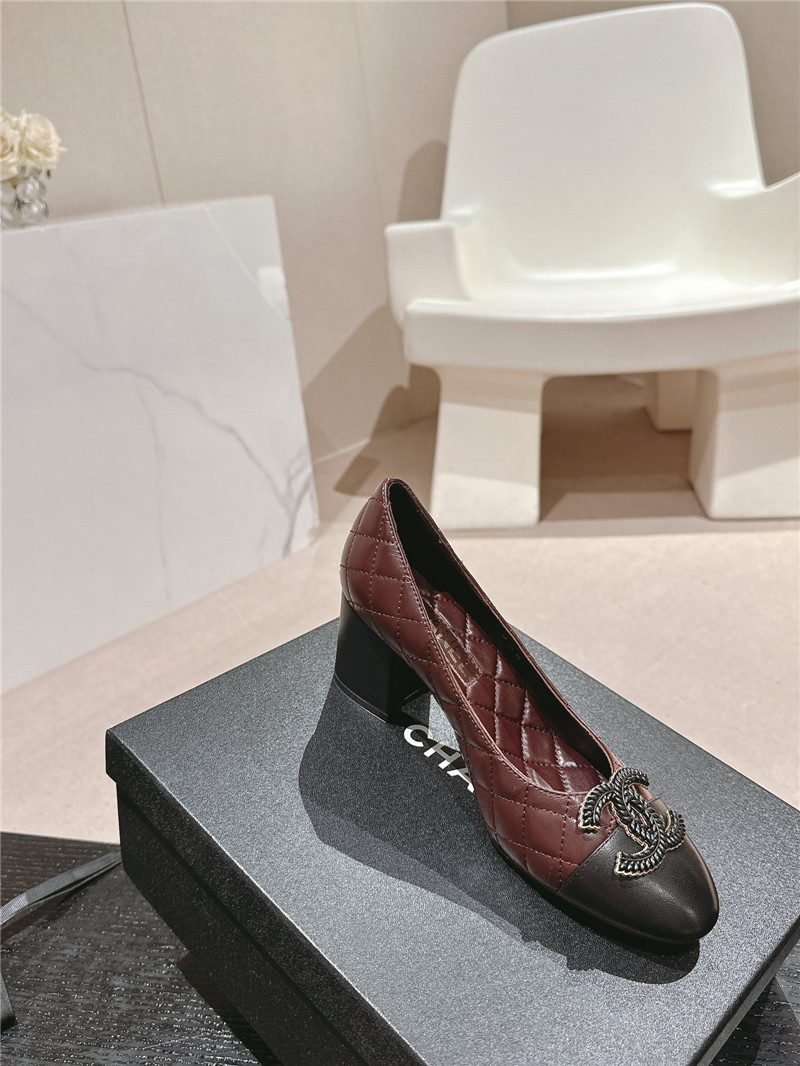 Ch**el burgundy/black quilted leather cap toe pumps