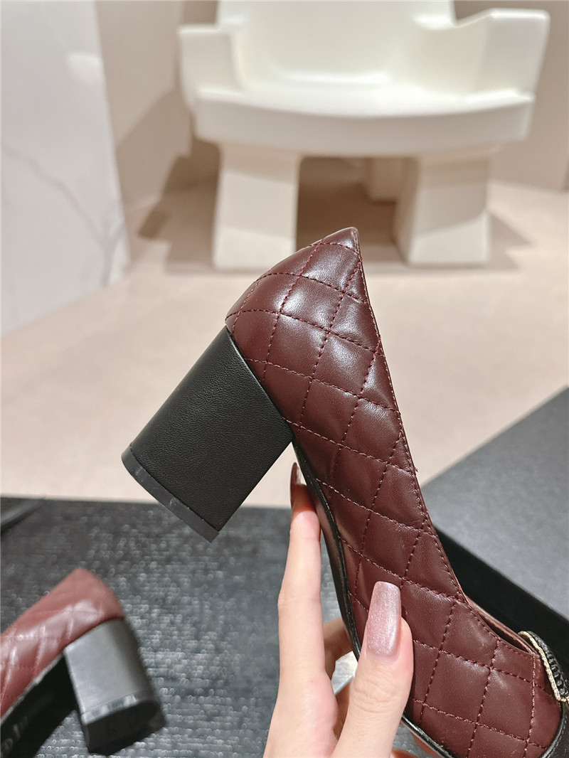 Ch**el burgundy/black quilted leather cap toe pumps
