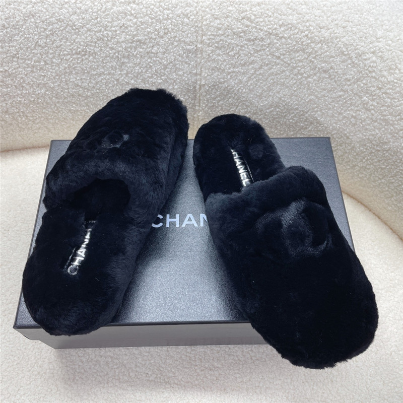 Ch**el pink shearling lambskin mules black