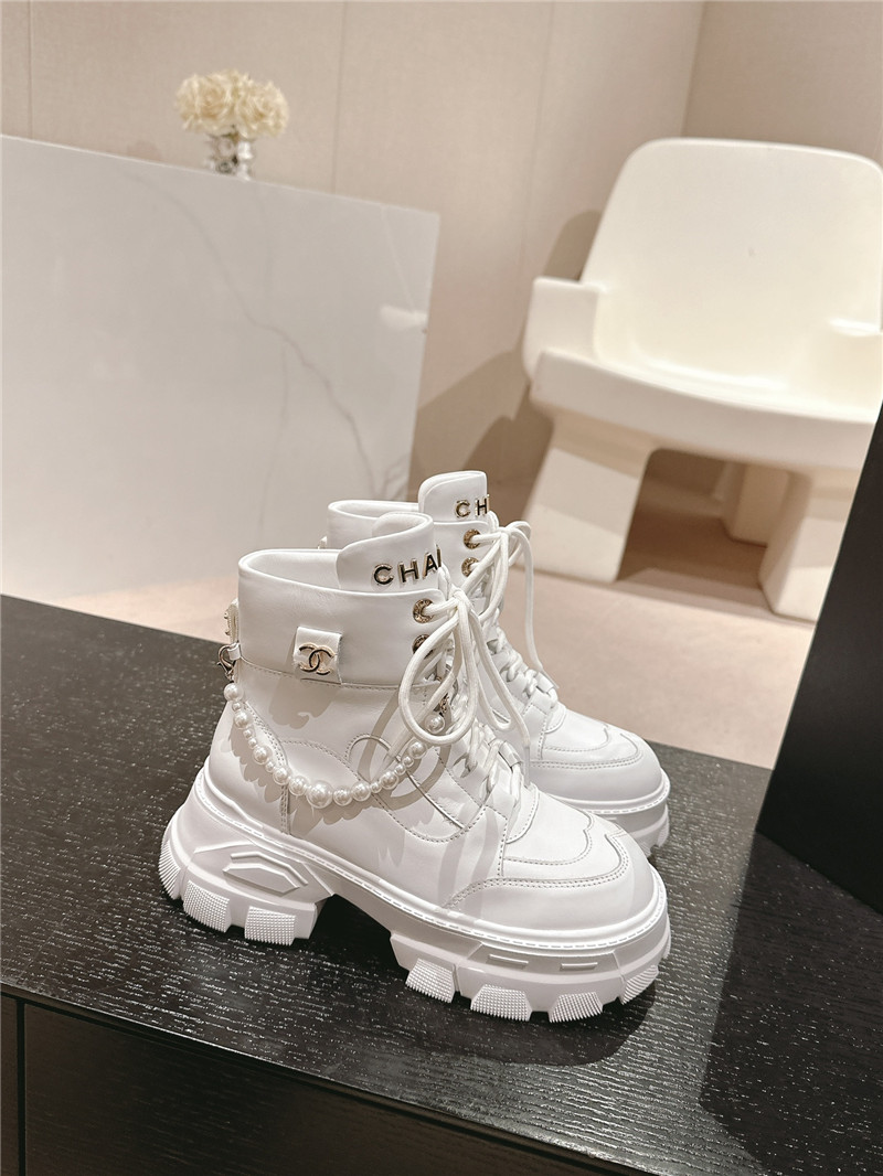 Ch**el white calfskin lace-up platform ankle boots