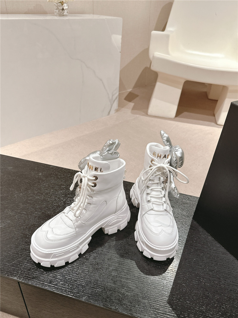 Ch**el white calfskin lace-up platform ankle boots