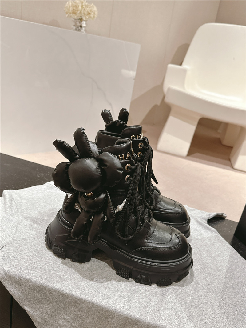 Ch**el calfskin lace-up platform round toe ankle boots