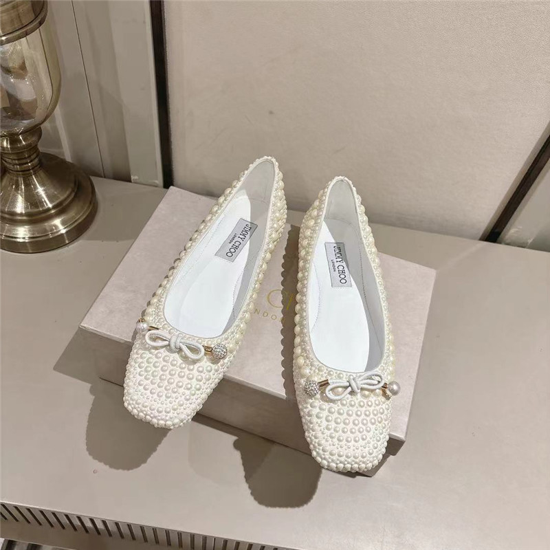J1m*y Ch00 elme white satin pearl flats