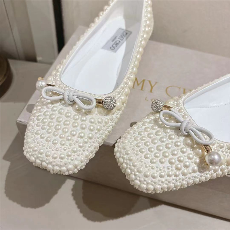 J1m*y Ch00 elme white satin pearl flats