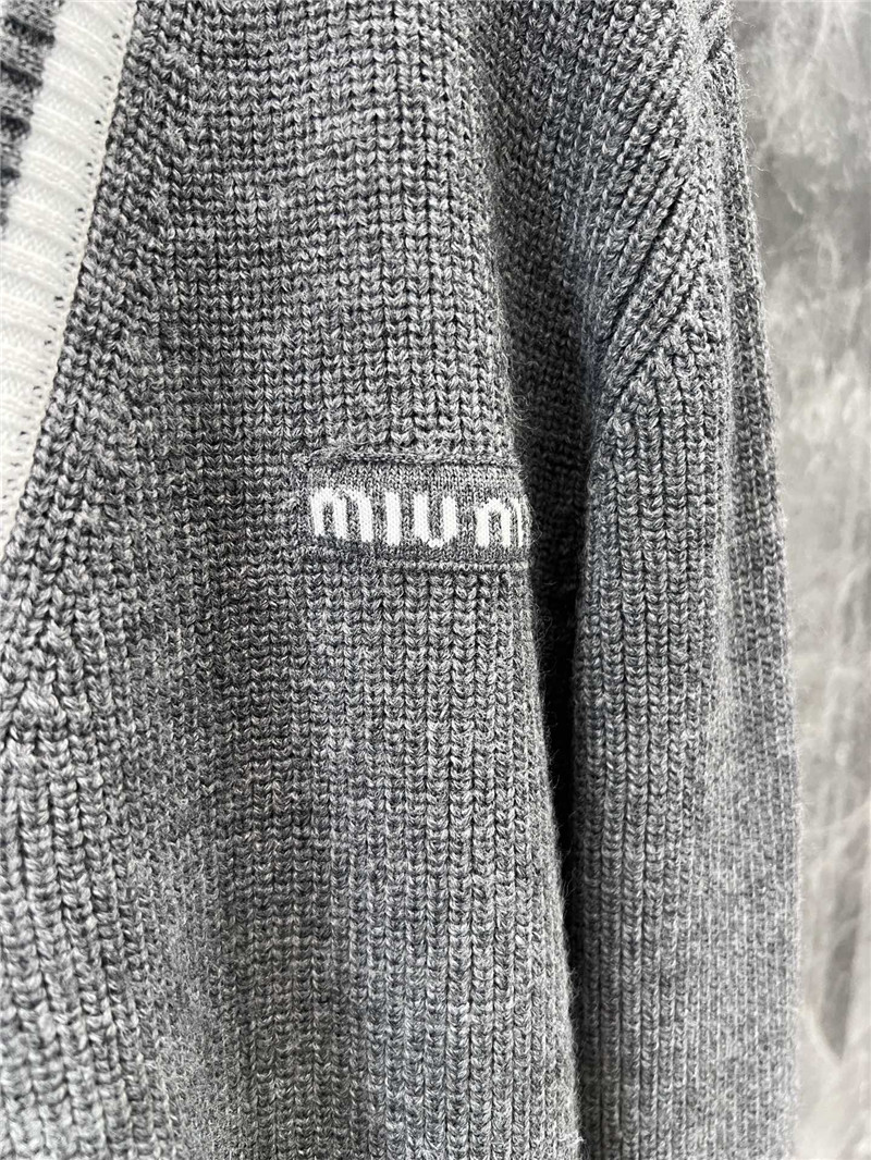 Miu Miu Stripe V-Neck Wool Cardigan in Grey
