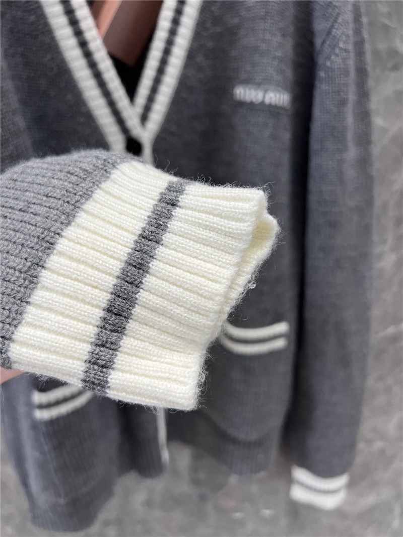 Miu Miu Stripe V-Neck Wool Cardigan in Grey