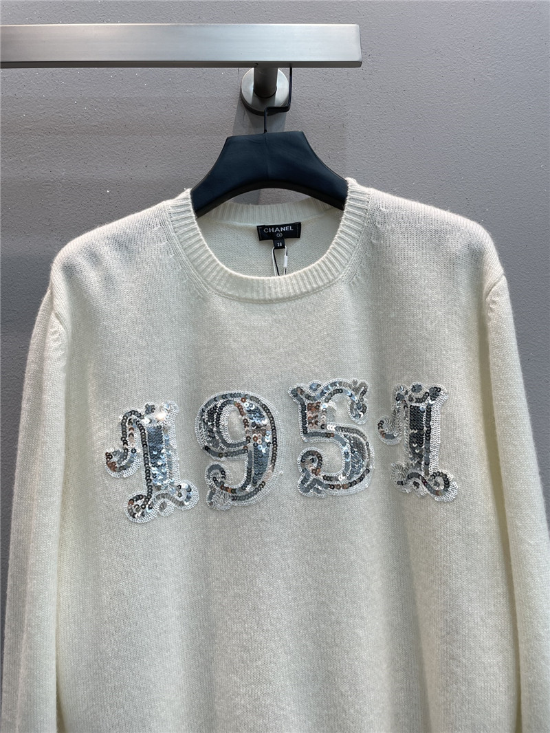 Ch**el sequin embroidered wool sweater in white