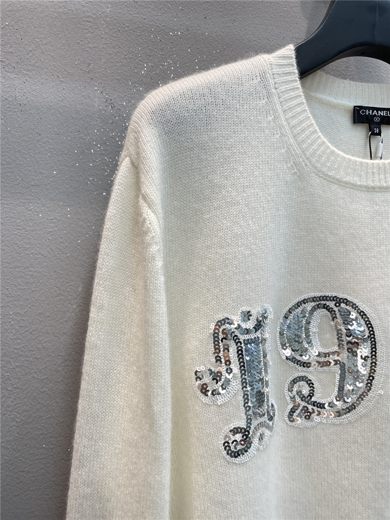Ch**el sequin embroidered wool sweater in white