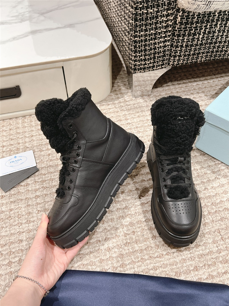 Pra*a black leather high top winter platform sneakers