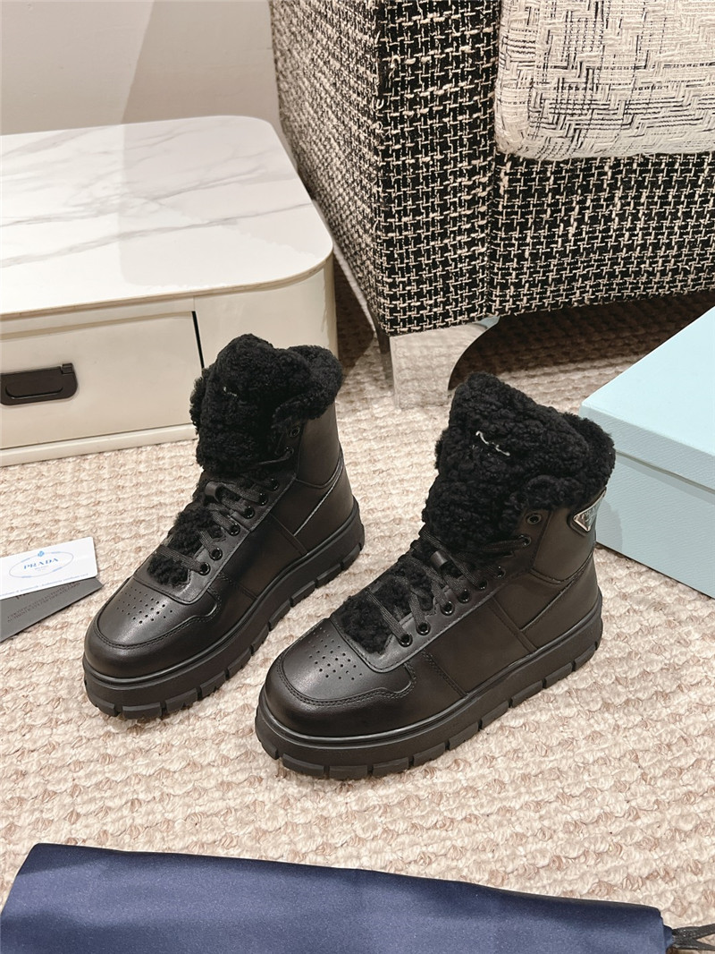 Pra*a black leather high top winter platform sneakers