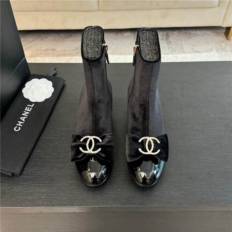 Ch**el black velvet bow ankle boots