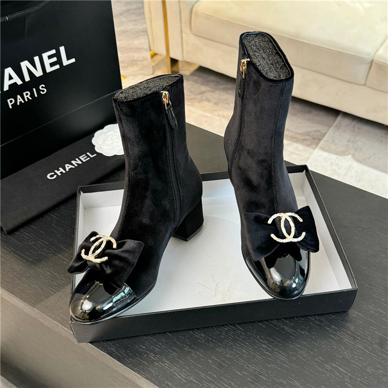 Ch**el black velvet bow ankle boots