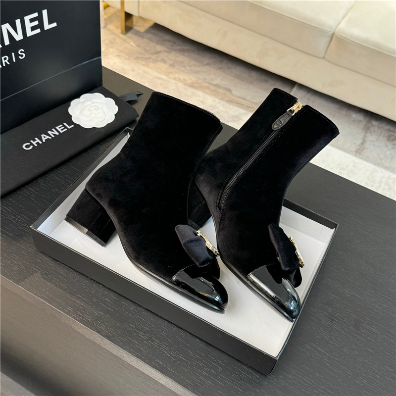 Ch**el black velvet bow ankle boots