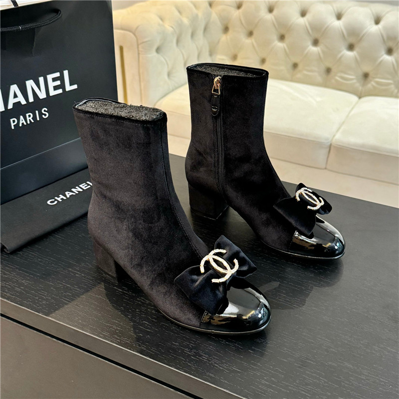 Ch**el black velvet bow ankle boots