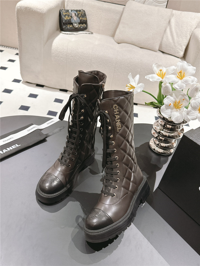 Ch**el brown check lace up platform high boots