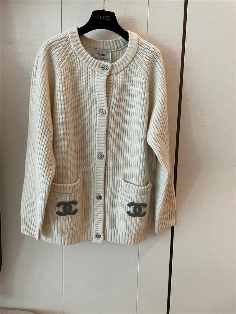Ch**el pocket rib wool cardigan off-white