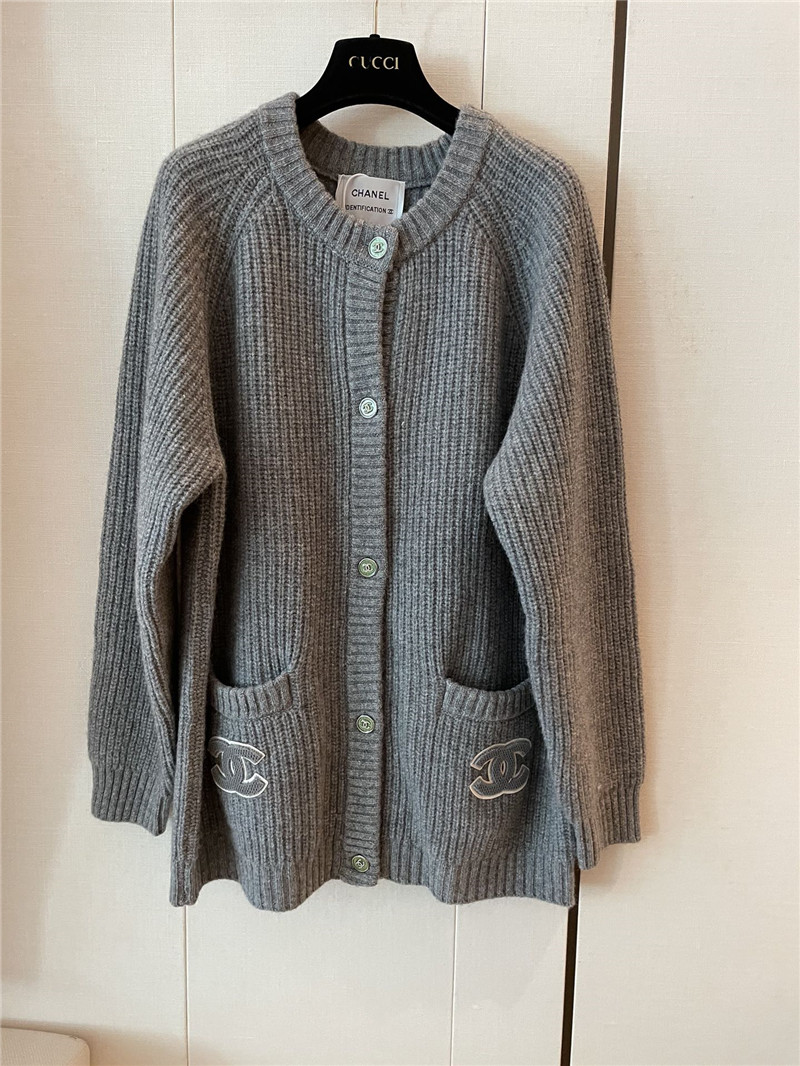 Ch**el pocket rib wool cardigan in grey