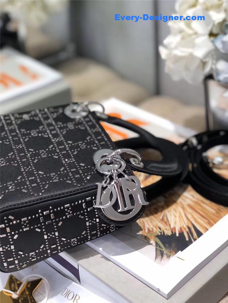 mini lady D10r bag black strass cannage satin