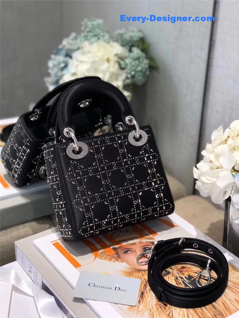mini lady D10r bag black strass cannage satin