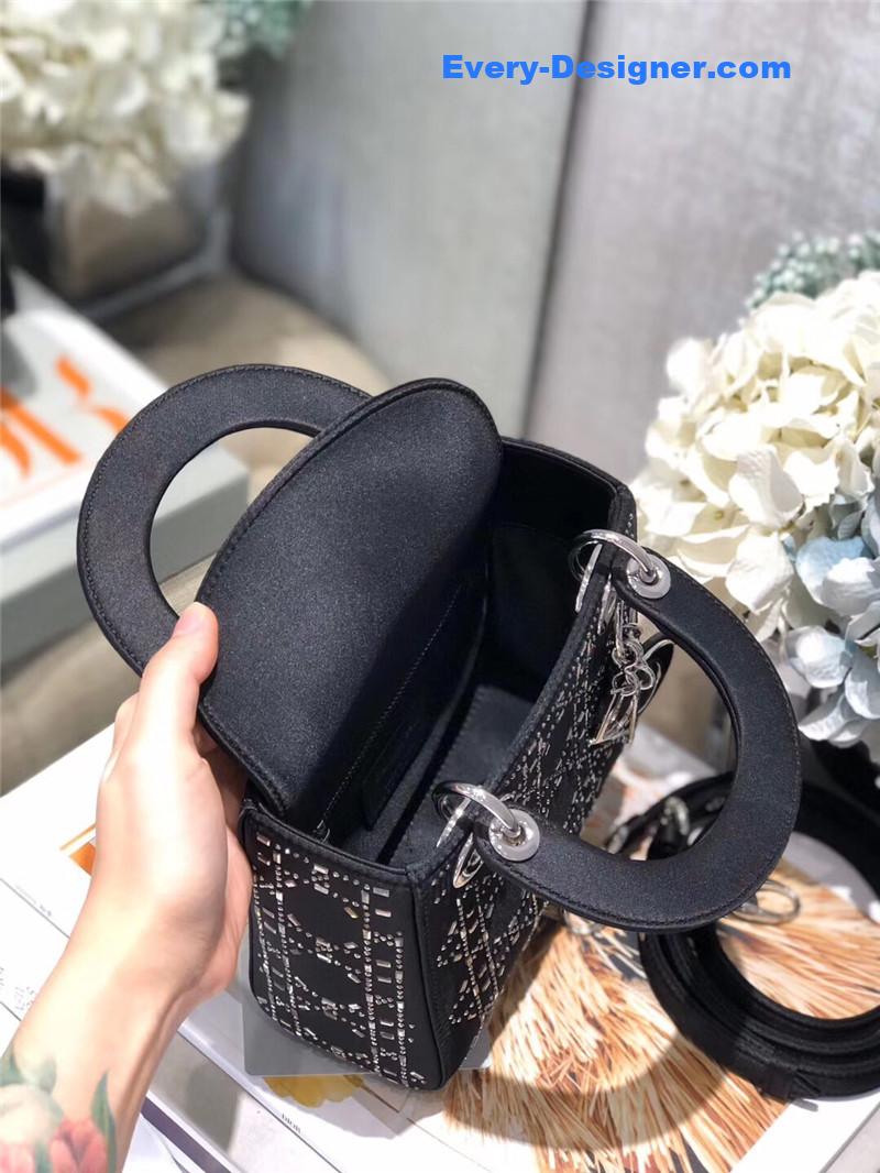 mini lady D10r bag black strass cannage satin
