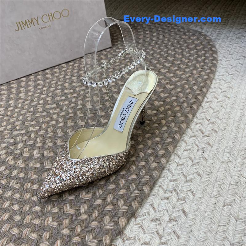 J1m*y Ch00 silver glitter heels