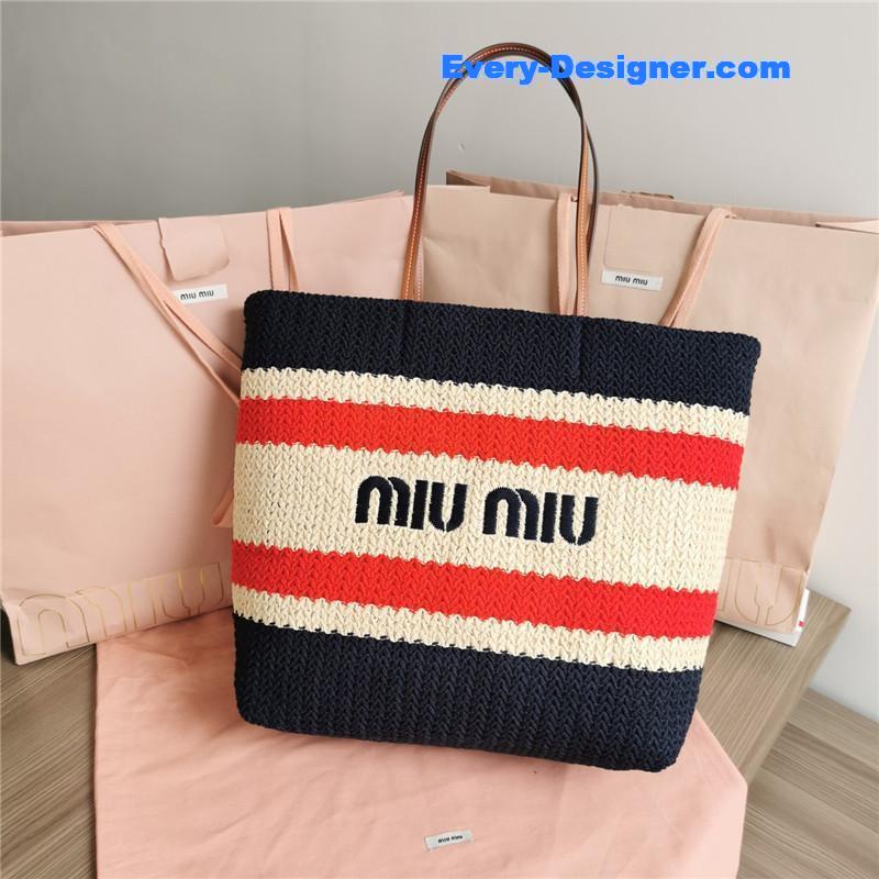 miumiu straw woven cotton tote bag