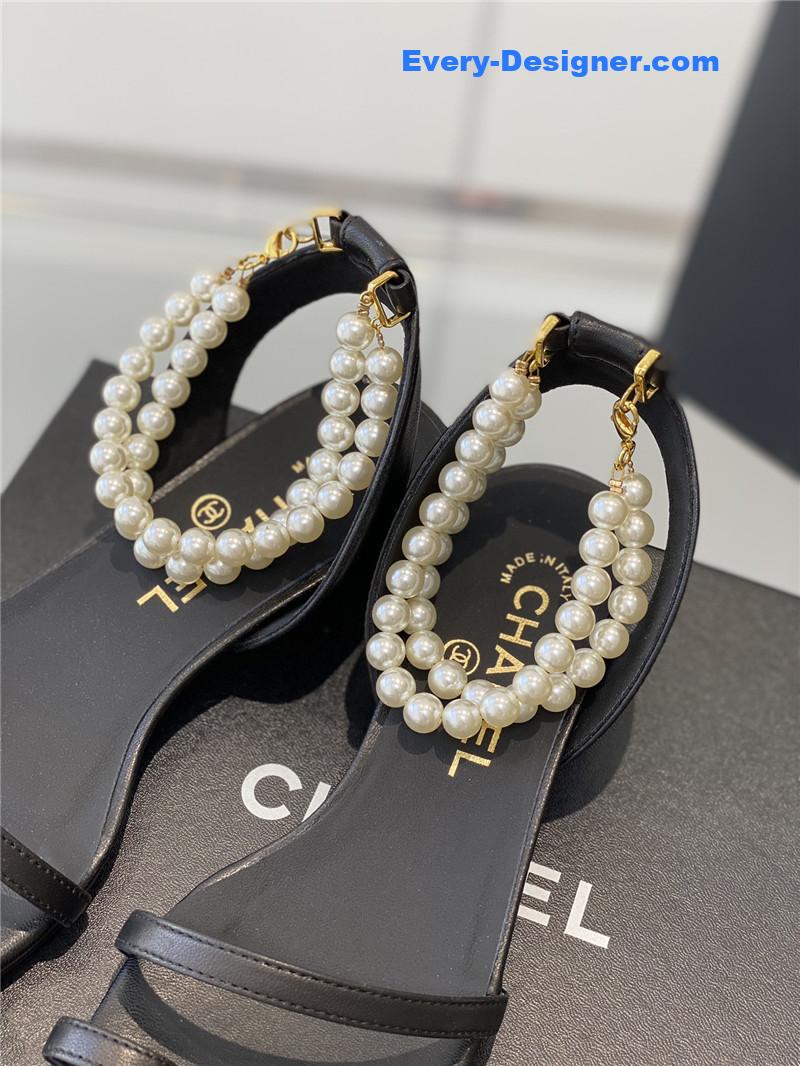 Ch**el black pearl ankle strap flat sandals
