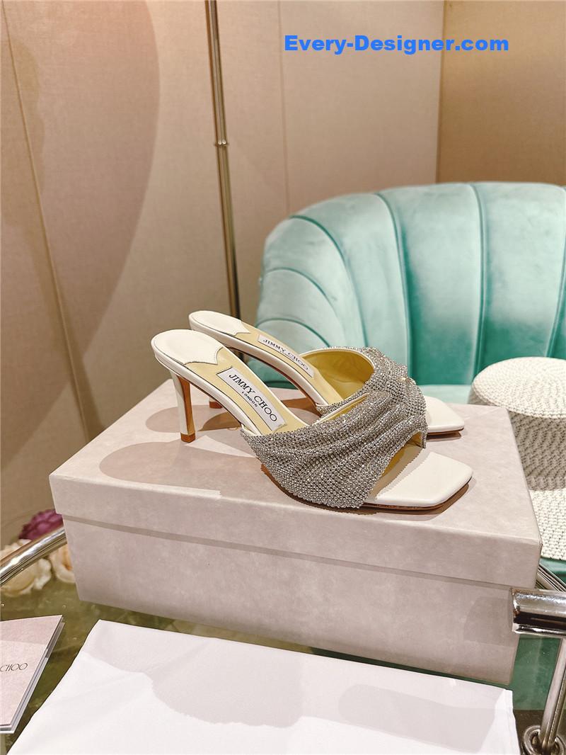 J1m*y Ch00 rhinestone high heel slippers