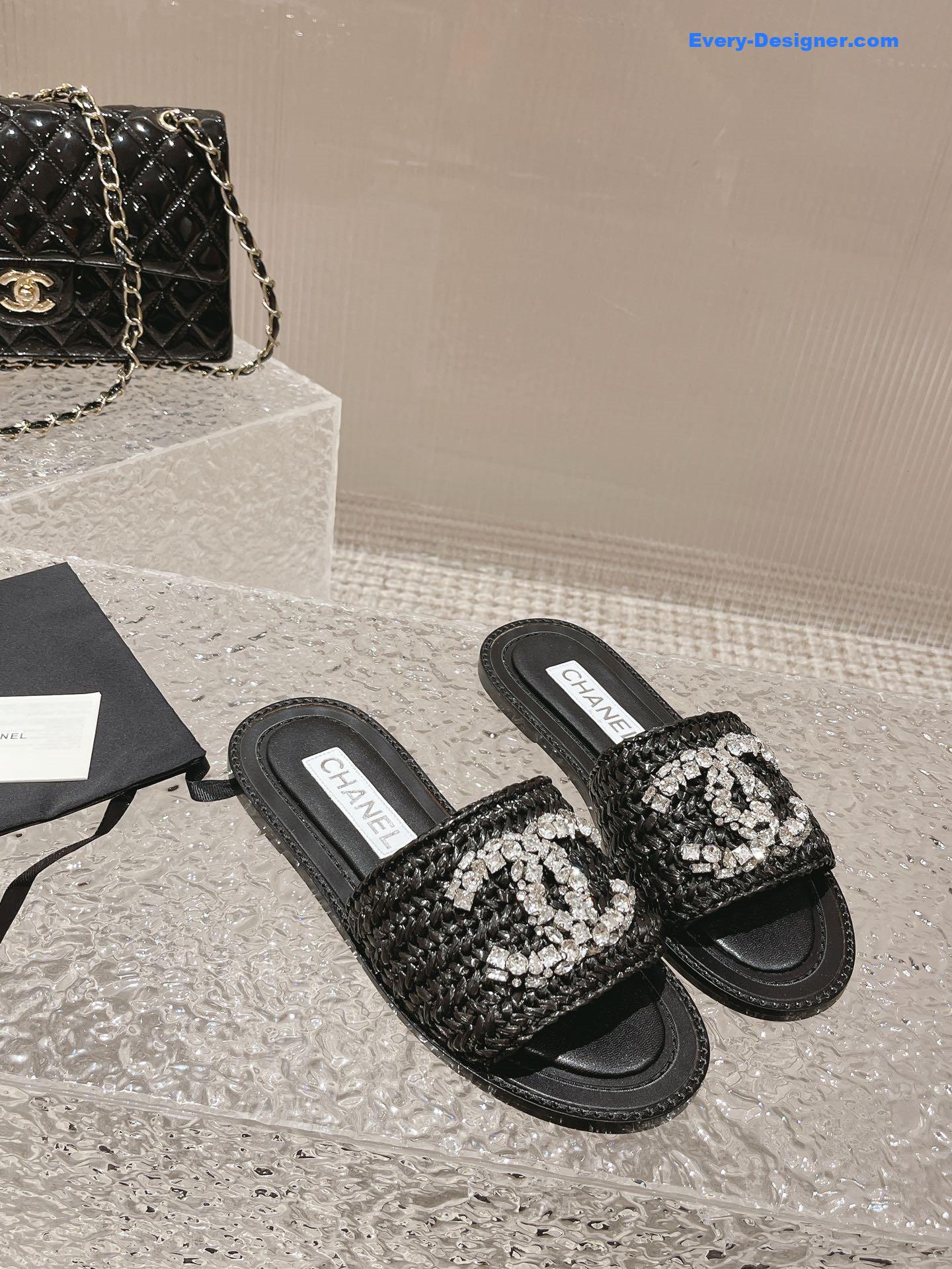 CC rhinestone woven slippers