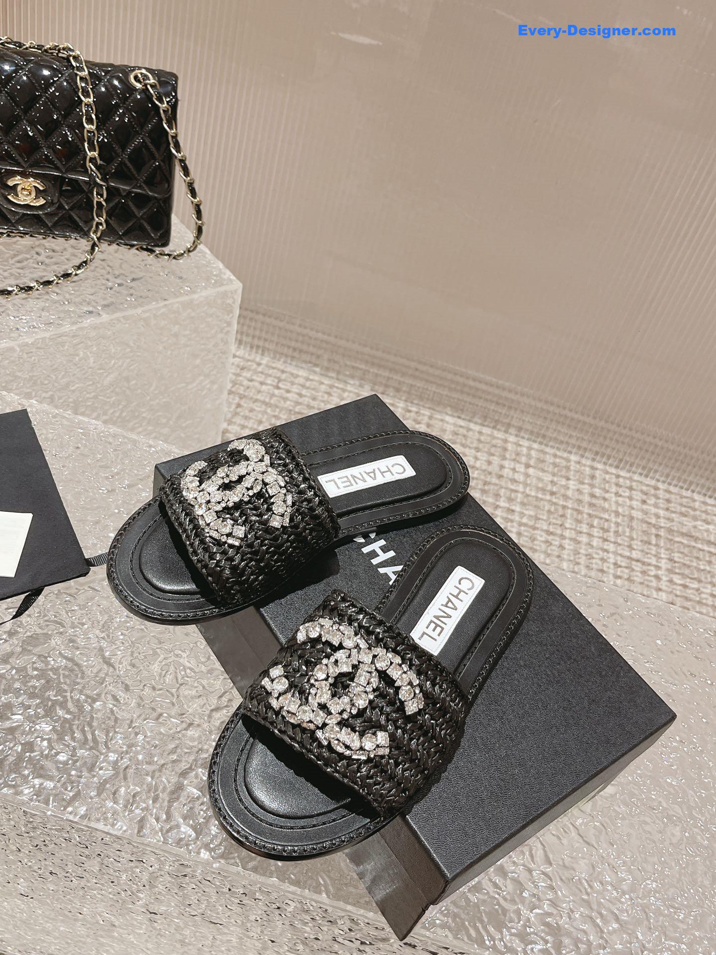 CC rhinestone woven slippers