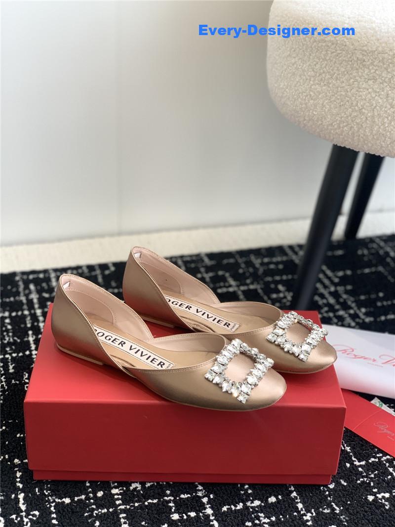roger vivier hollow silk satin D1am0nd buckle flat shoes