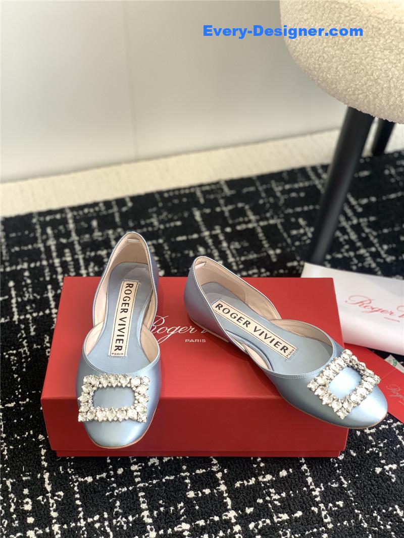 roger vivier hollow silk satin D1am0nd buckle flat shoes