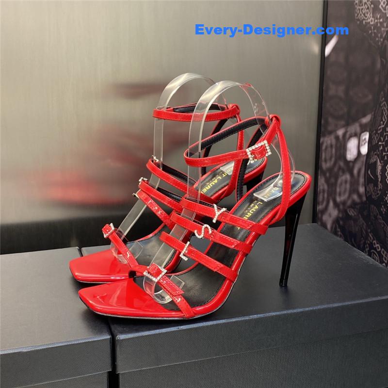 Y51 letter logo rhinestone buckle high heel sandals