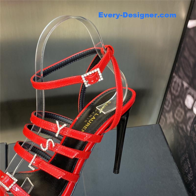 Y51 letter logo rhinestone buckle high heel sandals